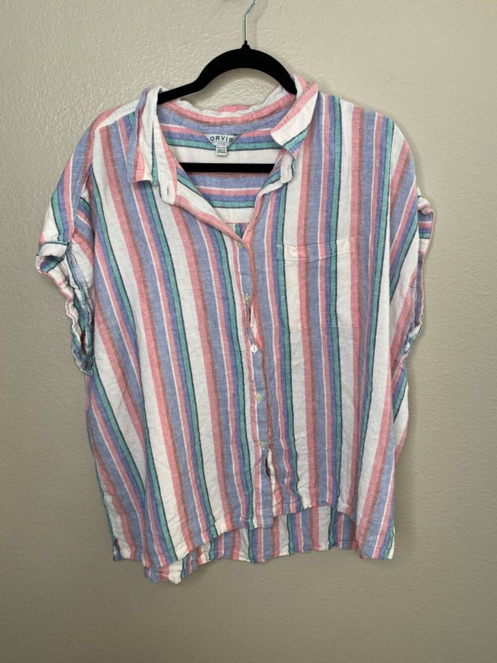Orvis Womens Striped Linen Blend Short Sleeve Shirt XXL blue pink Casual - Picture 2 of 7